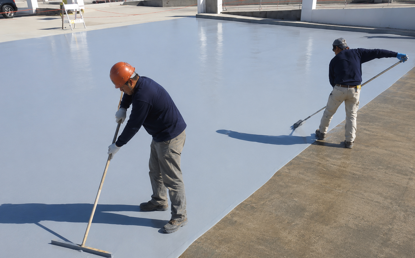 Workers-applying-polyaspartic-coating-on-industrial-rooftop-surface,-seamless-floor-waterproofing-and-protective-coating-construction-scene-under-daylight